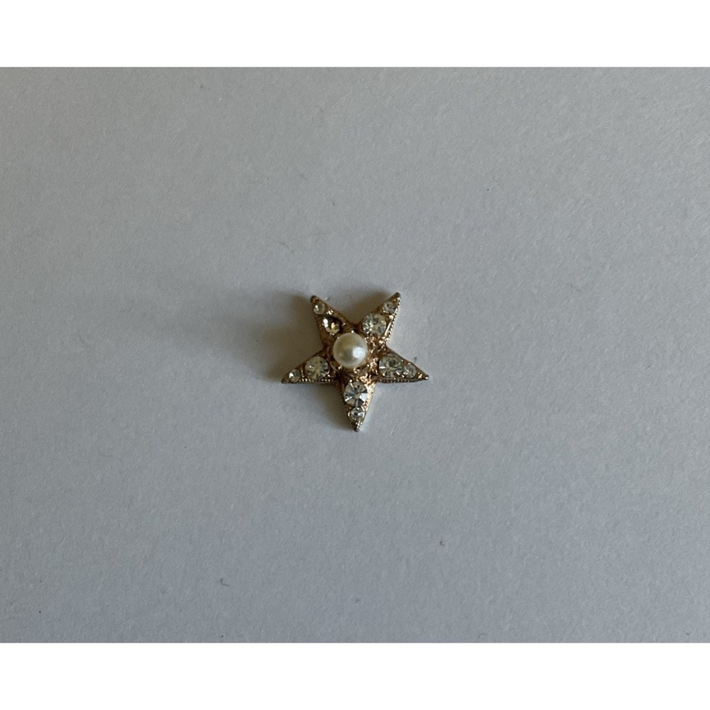 Star with Rhinestones & Faux Pearl Lapel Pin Gold Tone Hat Pinback
